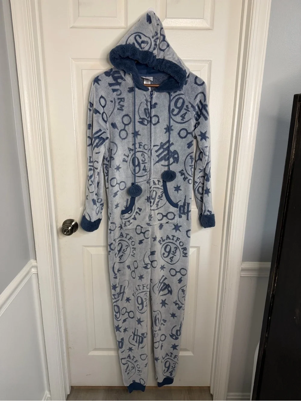 Blue Hooded Kids Fleece One-Piece Pajama with Pom-Tie Hood